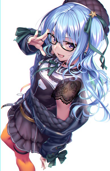 Anime picture 968x1500 with virtual youtuber hololive hoshimachi suisei hoshimachi suisei (3rd costume) piromizu single long hair tall image looking at viewer fringe open mouth simple background smile hair between eyes standing white background purple eyes blue hair long sleeves :d