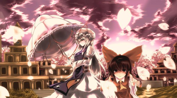 Anime picture 1800x1000 with touhou hakurei reimu yakumo yukari highres black hair blonde hair red eyes wide image multiple girls sky cloud (clouds) miko girl dress bow ribbon (ribbons) 2 girls hair bow detached sleeves petals