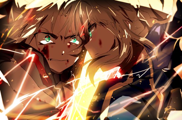 Anime-Bild 1330x880 mit fate (series) fate/grand order artoria pendragon (all) saber mordred (fate) hiiragi fuyuki fringe short hair blonde hair multiple girls green eyes payot face to face eye contact angry blood on face electricity girl 2 girls blood