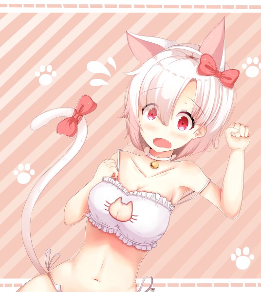 Anime picture 1072x1200 with original clayten single tall image blush fringe short hair breasts open mouth light erotic large breasts animal ears white hair tail blunt bangs animal tail pink eyes cat ears hair over one eye cat tail