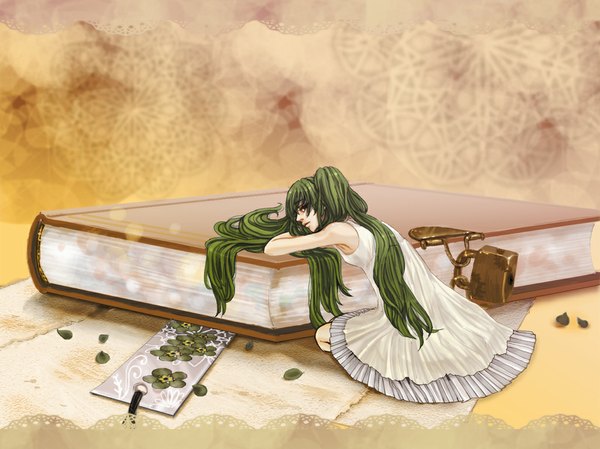Anime picture 1025x768 with vocaloid hatsune miku single long hair sitting twintails green hair kneeling girl dress flower (flowers) white dress book (books) leaf (leaves) lock diary