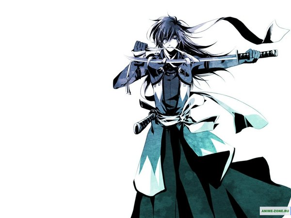 Anime picture 1024x768 with hakuouki shinsengumi kitan studio deen saito hajime single long hair looking at viewer simple background standing white background blue hair traditional clothes wind monochrome boy gloves weapon sword hairband katana bandage (bandages)
