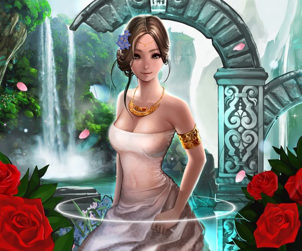 Anime picture 1500x1250 with original sappo (artist) looking at viewer short hair brown hair bare shoulders brown eyes hair flower ruins waterfall girl dress hair ornament flower (flowers) plant (plants) petals choker water rose (roses) jewelry