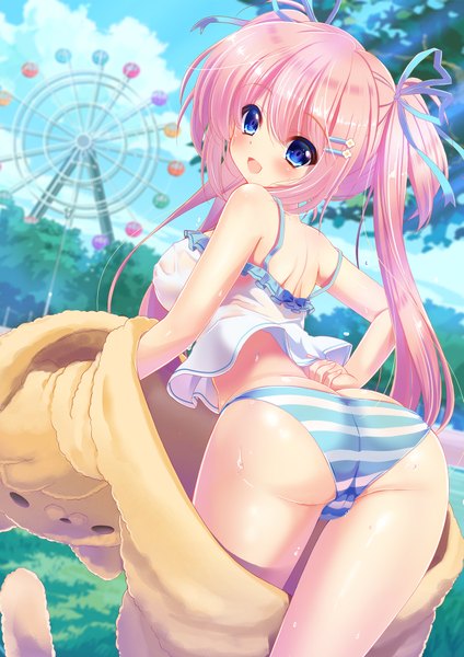 Anime picture 1273x1800 with original pon (ichi rin) single long hair tall image blush open mouth blue eyes light erotic twintails pink hair ass girl underwear panties ribbon (ribbons) hair ribbon striped panties