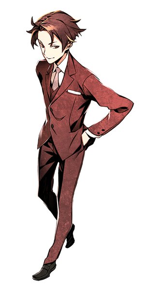 Anime picture 414x822 with joker game miyoshi (joker game) miwa shirow single tall image fringe short hair simple background brown hair white background brown eyes looking away full body long sleeves walking hands in pockets formal boy uniform necktie