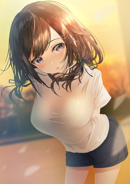 Anime picture 884x1250 with original yk (pixiv43531291) single long hair tall image looking at viewer blush fringe breasts open mouth blue eyes black hair large breasts standing outdoors head tilt blurry :o short sleeves leaning