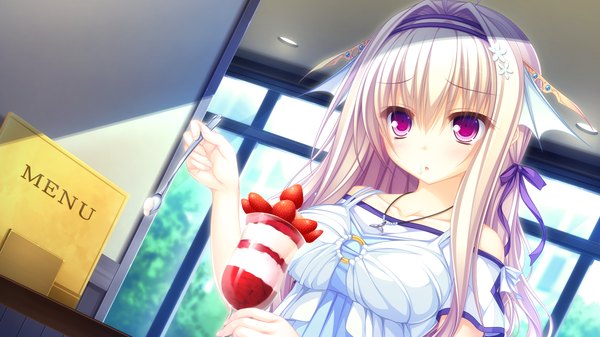Anime picture 1920x1080 with kujiragami no tearstilla tenkawa mitsuki mikagami mamizu single long hair looking at viewer highres wide image purple eyes game cg white hair girl dress hair ornament food hairband berry (berries) strawberry parfait