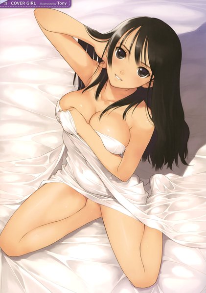 Anime picture 1954x2782 with tony taka single long hair tall image looking at viewer highres breasts light erotic black hair black eyes scan official art girl blanket