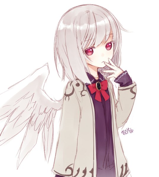 Anime picture 897x1000 with touhou kishin sagume capriccio single tall image looking at viewer fringe short hair simple background white background signed silver hair pink eyes finger to mouth single wing girl wings brooch
