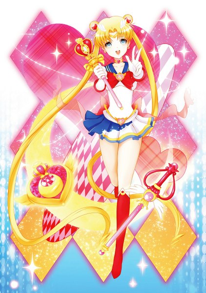 Anime picture 985x1400 with bishoujo senshi sailor moon toei animation tsukino usagi sailor moon super sailor moon wang jiabo single tall image looking at viewer open mouth blue eyes blonde hair twintails very long hair victory girl skirt gloves earrings miniskirt