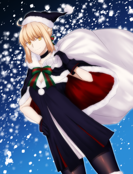 Anime picture 1300x1700 with fate (series) fate/grand order type-moon artoria pendragon (all) santa alter kamiyan single tall image looking at viewer short hair blonde hair yellow eyes fur trim snowing christmas girl dress gloves hat black gloves