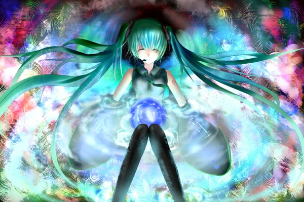 Anime picture 1181x787 with vocaloid hatsune miku kitamuraeri (artist) single long hair twintails bare shoulders eyes closed green hair magic girl