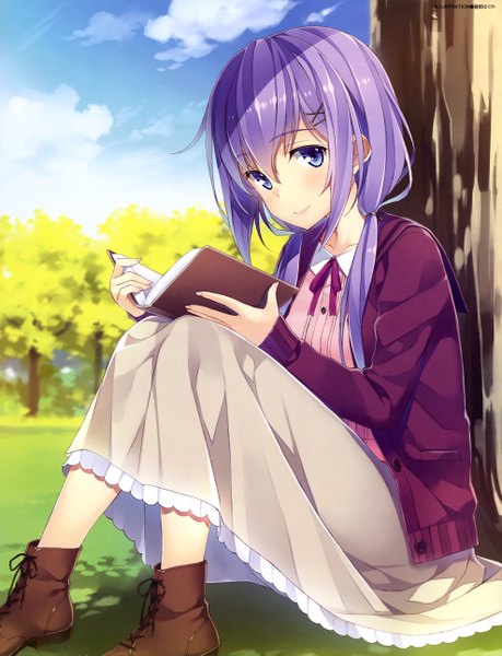 Anime picture 3950x5162 with dengeki moeou yuuki hagure single long hair tall image looking at viewer blush fringe highres blue eyes sitting twintails holding payot absurdres sky purple hair cloud (clouds) bent knee (knees) outdoors
