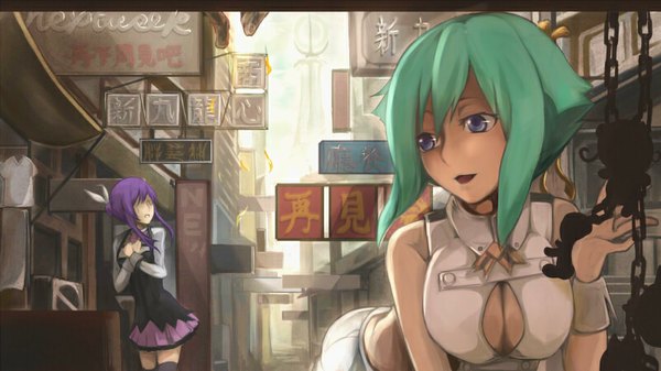 Anime picture 800x450 with aquarion (series) aquarion evol satelight zessica wong mikono suzushiro amata sora syatey long hair fringe short hair breasts open mouth wide image standing multiple girls looking away purple hair outdoors looking back green hair