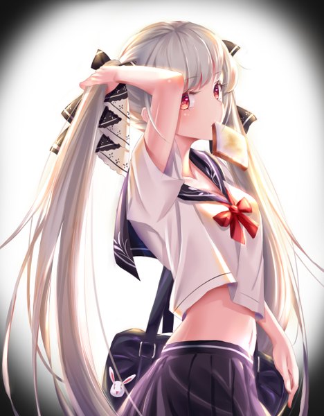 Anime picture 2000x2560 with azur lane formidable (azur lane) amaroku neko single long hair tall image looking at viewer blush fringe highres simple background red eyes twintails holding braid (braids) grey hair bare belly alternate costume gradient background mouth hold