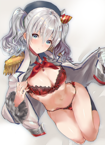 Anime picture 800x1111 with kantai collection kashima training cruiser hitaki yuu single tall image looking at viewer blush fringe short hair breasts blue eyes light erotic smile hair between eyes large breasts twintails payot silver hair bare belly wavy hair
