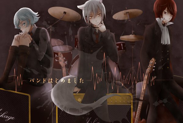 Anime picture 1200x811 with kamisama hajimemashita tomoe (kamisama hajimemashita) mizuki (kamisama hajimemashita) kurama (kamisama hajimemashita) bu (artist) looking at viewer fringe short hair red eyes standing holding animal ears silver hair red hair animal tail one eye closed aqua eyes light smile wink multiple boys