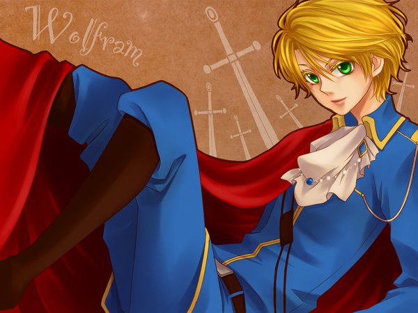 Anime picture 1024x768 with kyou kara maou studio deen wolfram von bielefeld yakimaru single short hair blonde hair green eyes light smile inscription boy uniform sword cloak neckerchief