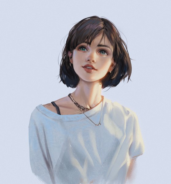 Anime picture 1836x1978 with original rui li single tall image fringe highres short hair simple background brown hair green eyes looking away upper body parted lips lips realistic portrait eyebrows girl earrings pendant