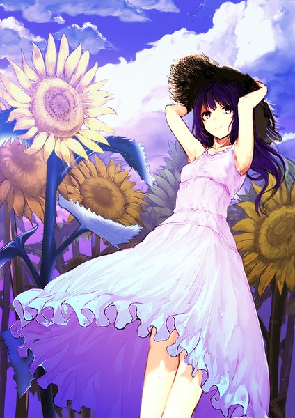 Anime picture 566x800 with original iori (cpeilad) single long hair tall image looking at viewer purple eyes sky purple hair cloud (clouds) hands on head girl dress flower (flowers) hat frills white dress sundress straw hat sunflower
