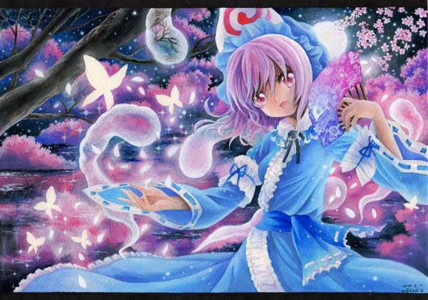 Anime picture 1500x1050 with touhou saigyouji yuyuko mosho single looking at viewer short hair open mouth signed pink hair pink eyes cherry blossoms traditional media watercolor (medium) girl dress plant (plants) petals tree (trees) insect butterfly