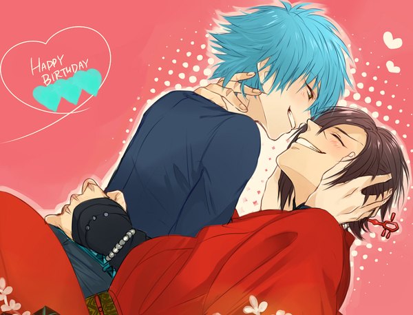 Anime picture 884x674 with dramatical murder nitro+chiral aoba (dmmd) koujaku yuta arata blush short hair light erotic simple background smile brown hair yellow eyes blue hair eyes closed traditional clothes japanese clothes profile multiple boys hug scar