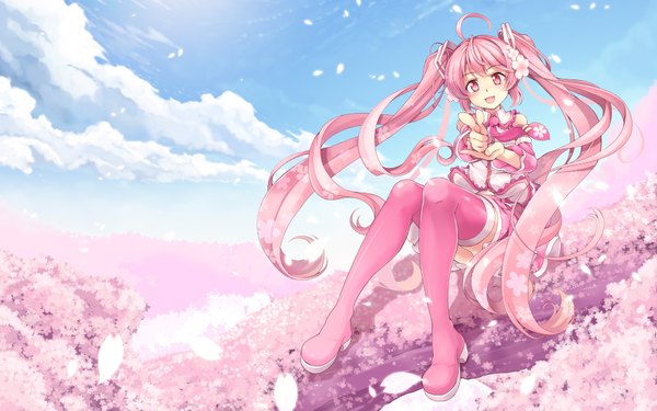 Anime picture 1920x1200 with vocaloid hatsune miku sakura miku windart single looking at viewer highres open mouth wide image pink hair cloud (clouds) very long hair pink eyes cherry blossoms girl detached sleeves petals thigh boots