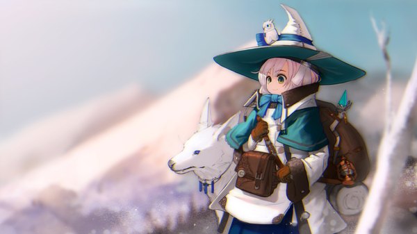 Anime picture 2000x1125 with original hiragana (pixiv id74016) single fringe highres short hair smile hair between eyes wide image standing holding green eyes looking away outdoors white hair wide sleeves depth of field mountain animal on head bird on head