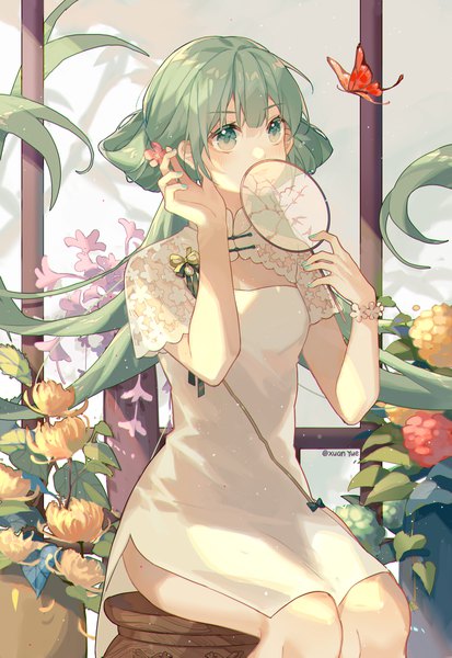 Anime picture 3222x4677 with vocaloid hatsune miku shaohua hatsune miku xuanli single tall image highres sitting twintails green eyes signed looking away absurdres very long hair nail polish traditional clothes green hair twitter username chinese clothes side slit