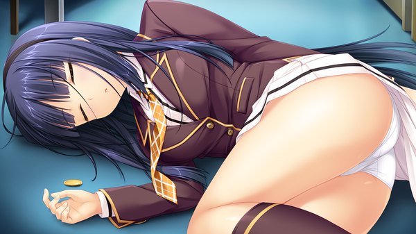 Anime picture 1280x720 with saimin yuugi hidaka maiya sayori long hair light erotic black hair wide image game cg lying eyes closed girl skirt uniform underwear panties school uniform miniskirt socks necktie hairband