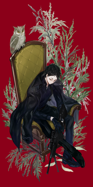 Anime picture 1000x2000 with haikyuu!! production i.g akaashi keiji saharan single tall image short hair black hair sitting looking away from above black eyes crossed legs red background clothes on shoulders boy gloves weapon plant (plants) animal