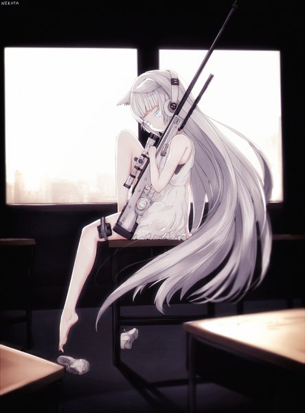 Anime picture 1260x1699 with girls frontline original awp (girls frontline) (nekoya (liu)) nekoya (liu) single tall image looking at viewer fringe blue eyes sitting bare shoulders holding animal ears full body bent knee (knees) white hair blunt bangs very long hair barefoot cat ears