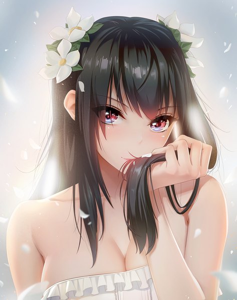 Anime picture 945x1200 with original obaoba (monkeyix) single long hair tall image looking at viewer blush fringe breasts blue eyes light erotic black hair smile hair between eyes red eyes bare shoulders upper body hair flower blurry portrait