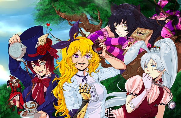 Anime picture 4600x3000 with rwby alice in wonderland rooster teeth alice (wonderland) ruby rose weiss schnee blake belladonna yang xiao long white rabbit cheshire cat queen of hearts mad hatter adam taurus viki-bastet fringe highres short hair open mouth blue eyes black hair