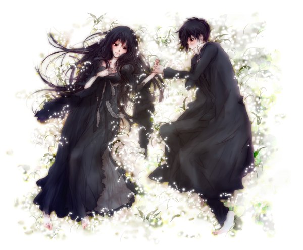 Anime picture 1279x1056 with kimi ni todoke production i.g kuronuma sawako kazehaya shouta xuefen long hair blush short hair black hair smile lying long sleeves black eyes on back couple holding hands hand on chest on side girl dress