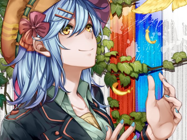 Anime picture 1100x825 with original koubou short hair smile yellow eyes blue hair looking away girl hair ornament leaf (leaves) feather (feathers)