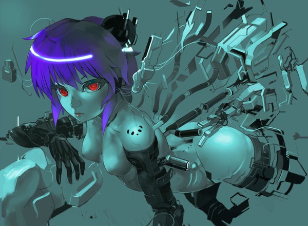 Anime picture 1500x1100 with ghost in the shell production i.g kusanagi motoko uturo short hair breasts light erotic red eyes purple hair girl wire (wires)