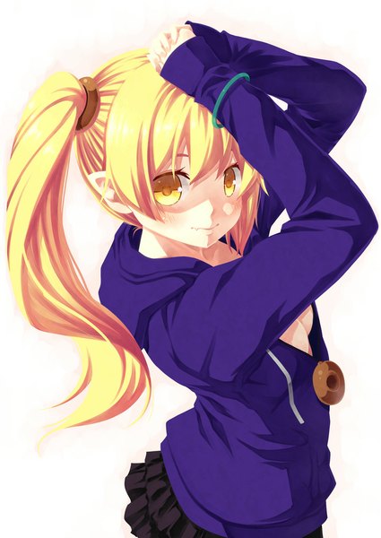 Anime picture 708x1000 with bakemonogatari shaft (studio) monogatari (series) oshino shinobu kouji (campus life) single long hair tall image looking at viewer blush breasts light erotic simple background blonde hair white background twintails yellow eyes no bra girl skirt