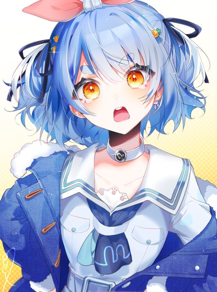 Anime picture 1800x2420 with virtual youtuber hololive usada pekora usada pekora (casual) xoco single tall image looking at viewer highres short hair open mouth animal ears yellow eyes blue hair upper body head tilt open jacket sparkle two side up bunny ears