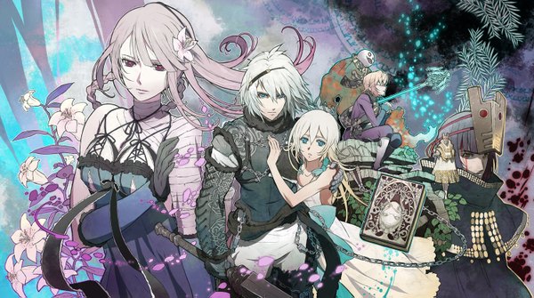 Anime picture 1500x839 with nier nier replicant kaine (nier) nier (young) emil (no.7) grimoire weiss yonah masked king long hair breasts blue eyes black hair wide image brown eyes pink hair cleavage tears dress gloves flower (flowers)