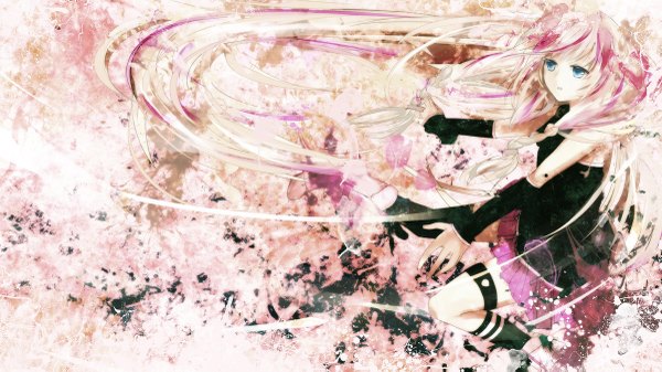 Anime picture 1200x675 with vocaloid ia (vocaloid) meola single long hair fringe wide image bare shoulders braid (braids) very long hair multicolored hair aqua eyes :o twin braids girl skirt detached sleeves pink skirt