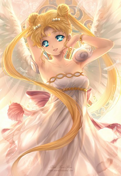 Anime picture 716x1034 with bishoujo senshi sailor moon toei animation tsukino usagi princess serenity kaze-hime single tall image open mouth blue eyes blonde hair smile twintails bare shoulders very long hair armpit (armpits) hair bun (hair buns) arms behind head angel wings girl dress