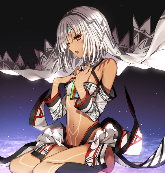Anime picture 1162x1222 with fate (series) fate/grand order altera (fate) gambe single tall image short hair open mouth light erotic red eyes sitting bare shoulders looking away white hair dark skin hand on chest wariza bodypaint girl navel