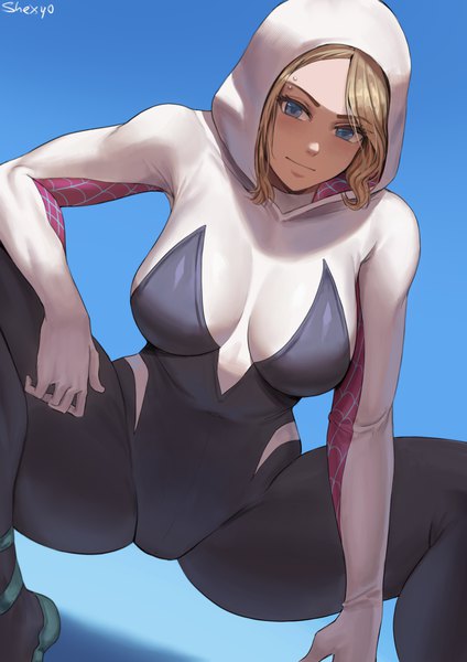 Anime picture 2474x3500 with marvel comics spider-man (series) spider-man: into the spider-verse gwen stacy spider-gwen shexyo single tall image looking at viewer fringe highres short hair breasts blue eyes light erotic simple background blonde hair smile large breasts signed