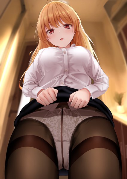 Anime picture 1032x1457 with original monaka curl single long hair tall image blush fringe breasts open mouth light erotic blonde hair red eyes standing ahoge indoors head tilt blurry from below depth of field skirt lift