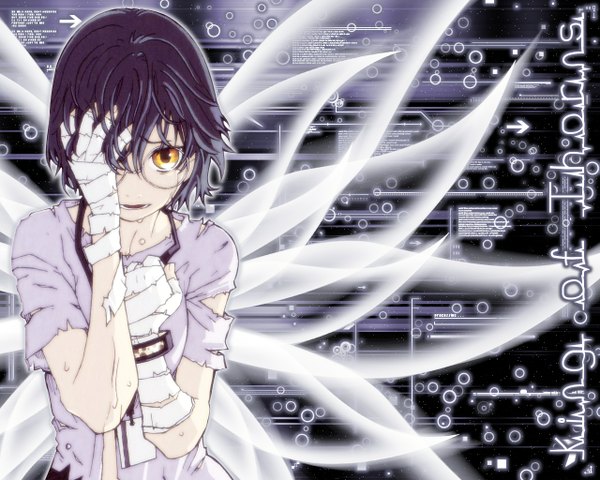 Anime picture 1280x1024 with king of thorn kasumi (king of thorn) single short hair simple background yellow eyes purple hair inscription tears torn clothes girl wings glasses bracelet bandage (bandages)