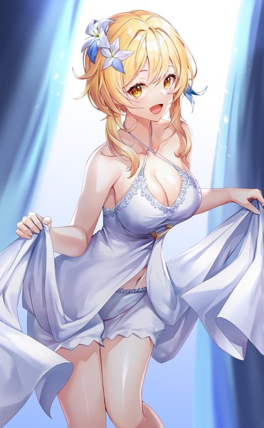 Anime picture 674x1089 with genshin impact lumine (genshin impact) lunacle single tall image looking at viewer fringe short hair breasts open mouth light erotic blonde hair smile hair between eyes large breasts standing bare shoulders holding yellow eyes cleavage
