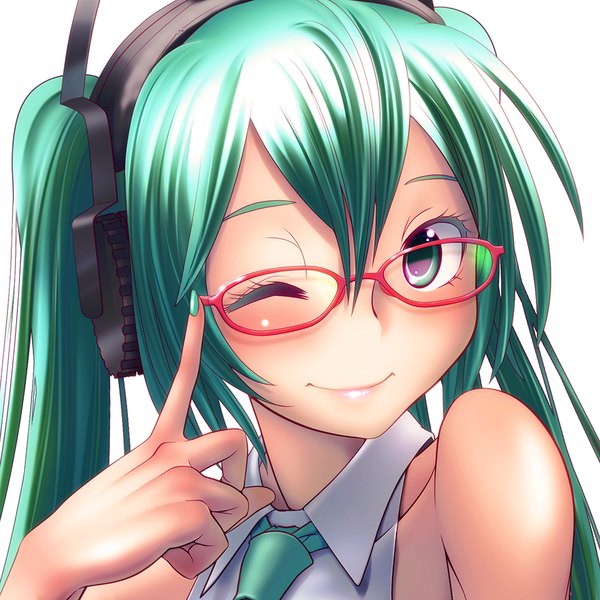 Anime picture 900x900 with vocaloid hatsune miku wokada single long hair looking at viewer fringe simple background smile white background twintails bare shoulders one eye closed aqua eyes lips wink aqua hair sleeveless adjusting hair eyebrows