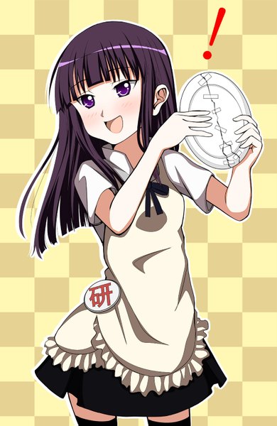 Anime picture 1000x1535 with working!! a-1 pictures yamada aoi shichouson single long hair tall image blush open mouth purple eyes purple hair checkered background girl skirt miniskirt apron