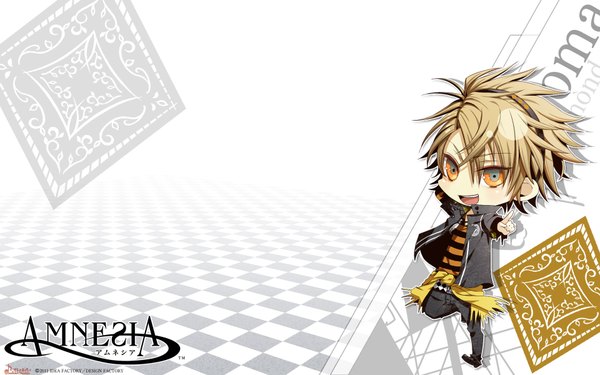 Anime picture 1920x1200 with amnesia idea factory toma (amnesia) single highres short hair open mouth simple background blonde hair wide image inscription orange eyes hieroglyph chibi checkered floor boy